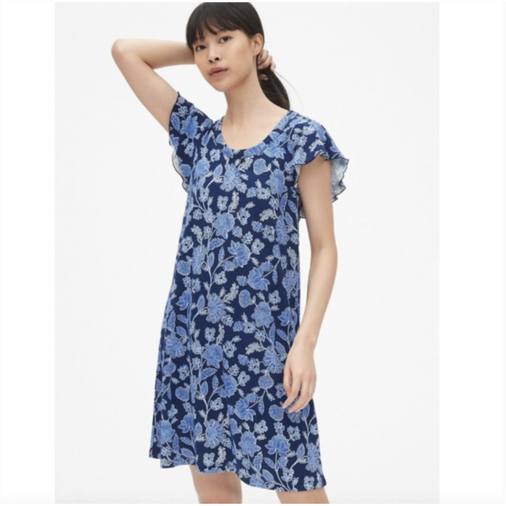 Gap Blue Floral Flutter Sleeve Shift Dress Size Large